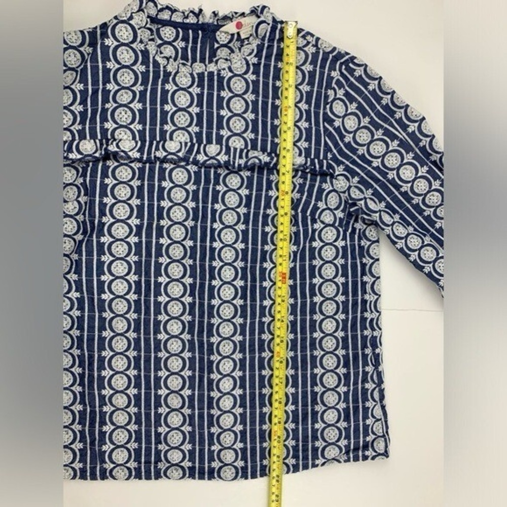 Boden Embroidered Eyelet Bib Blouse Ruffle Detail 3/4 Sleeve Blue & White Size 4 - Picture 9 of 10